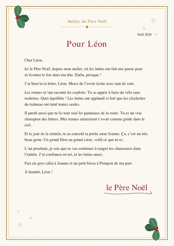 Page 1 du PDF livré : la lettre du Père Noël à Léon, sur papier ivoire à cadre doré, avec du houx dessiné et la signature