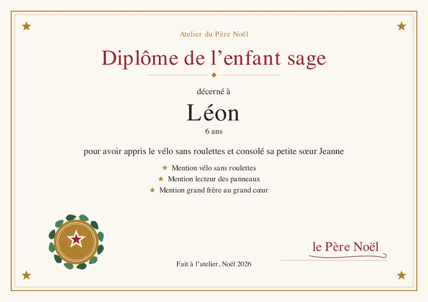 Page 2 du PDF livré : le diplôme de l'enfant sage au prénom de Léon, avec ses mentions, un sceau dessiné et la signature du Père Noël