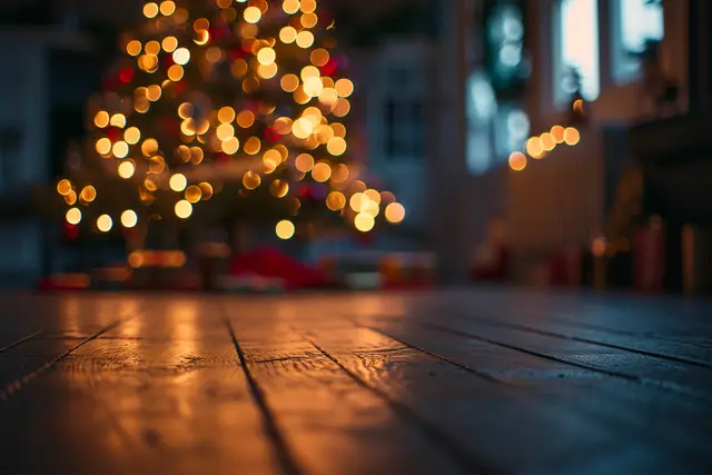 Sapin de Noël illuminé, flou, au fond d'un salon au parquet en bois, le soir